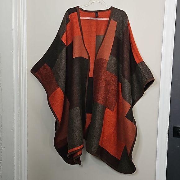 Lane Bryant Patchwork Colorblock Blanket Poncho Cape Fall Winter Orange … - Picture 2 of 7